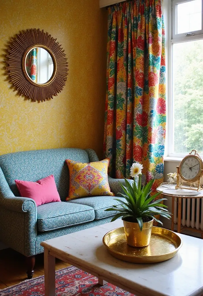 30+ Sunburst Mirror Wall Decor Ideas That Bring Mid-Century Charm 28 30+ Sunburst Mirror Wall Decor Ideas That Bring Mid-Century Charm - 28. Sunburst Mirrors with Bold Patterns