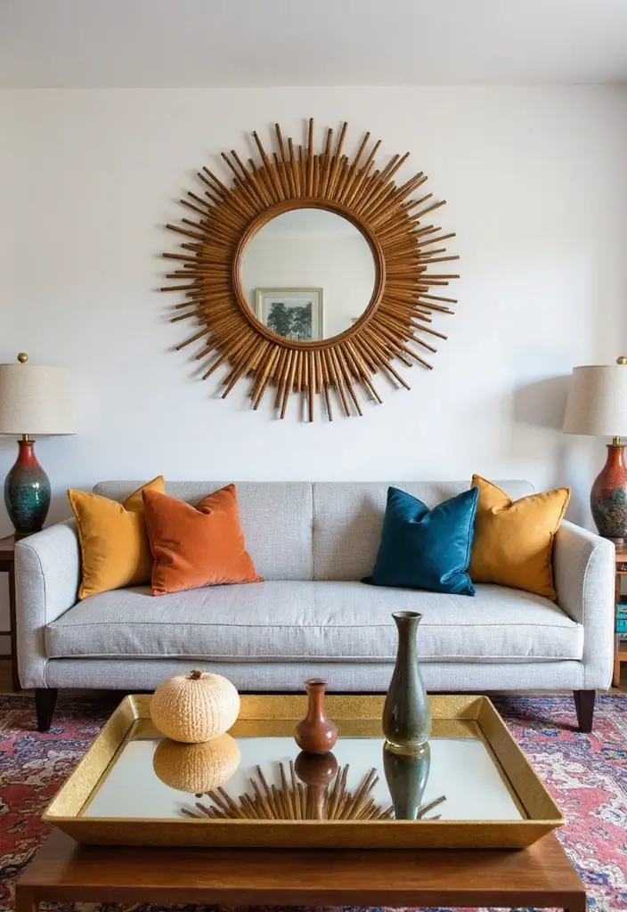 30+ Sunburst Mirror Wall Decor Ideas That Bring Mid-Century Charm 3 30+ Sunburst Mirror Wall Decor Ideas That Bring Mid-Century Charm - 3. Mid-Century Modern Living Room Showcase