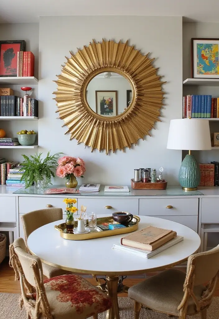 30+ Sunburst Mirror Wall Decor Ideas That Bring Mid-Century Charm 4 30+ Sunburst Mirror Wall Decor Ideas That Bring Mid-Century Charm - 4. Eclectic Home Office Inspiration