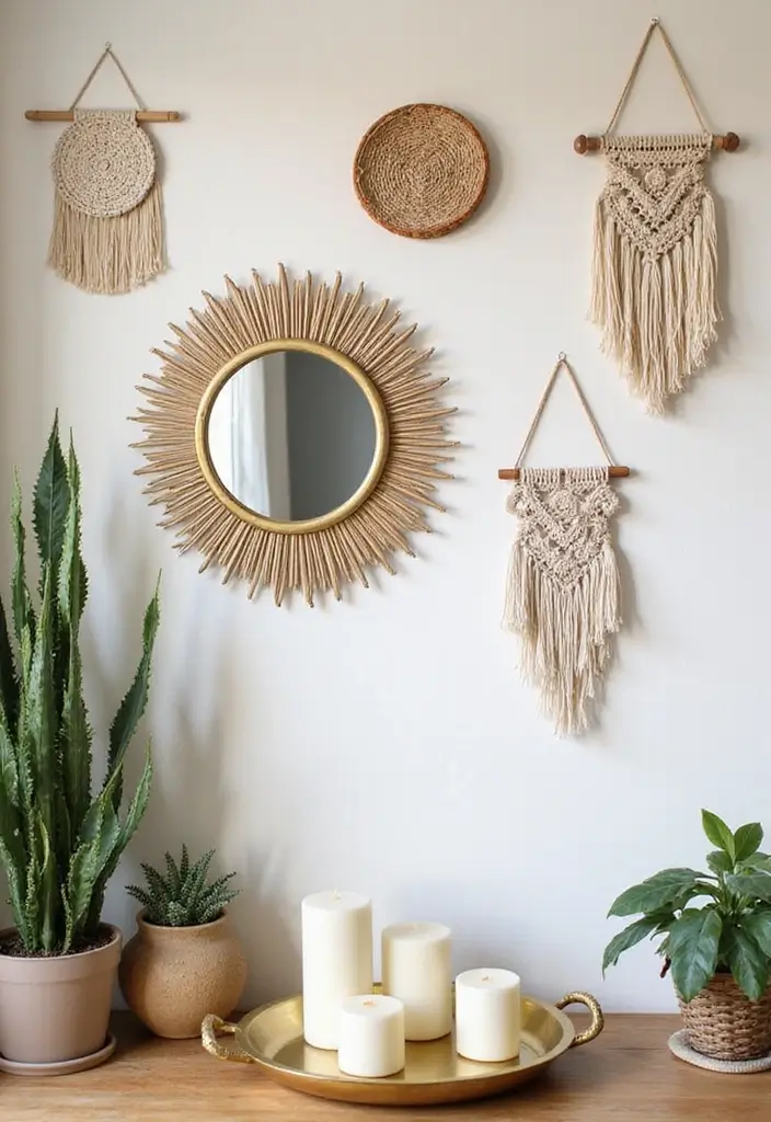 30+ Sunburst Mirror Wall Decor Ideas That Bring Mid-Century Charm 5 30+ Sunburst Mirror Wall Decor Ideas That Bring Mid-Century Charm - 5. Bohemian Sunburst Wall Decor