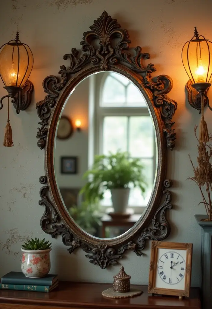30+ Wall Decor Ideas with Mirror for Chic and Bright Interiors 11 30+ Wall Decor Ideas with Mirror for Chic and Bright Interiors - 11. Vintage Mirror Revival
