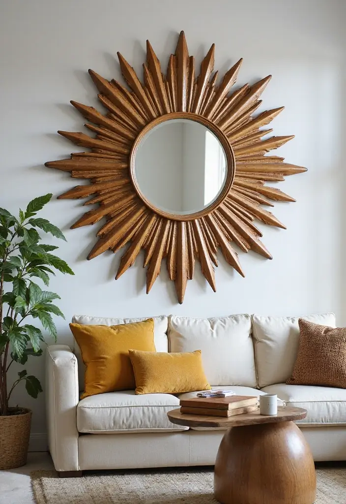 30+ Wall Decor Ideas with Mirror for Chic and Bright Interiors 15 30+ Wall Decor Ideas with Mirror for Chic and Bright Interiors - 15. Sunburst Mirror Design