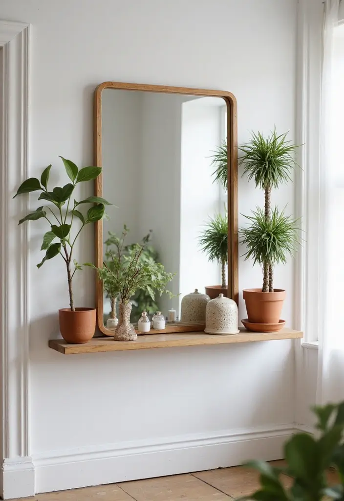30+ Wall Decor Ideas with Mirror for Chic and Bright Interiors 2 30+ Wall Decor Ideas with Mirror for Chic and Bright Interiors - 2. Mirrored Accent Shelf