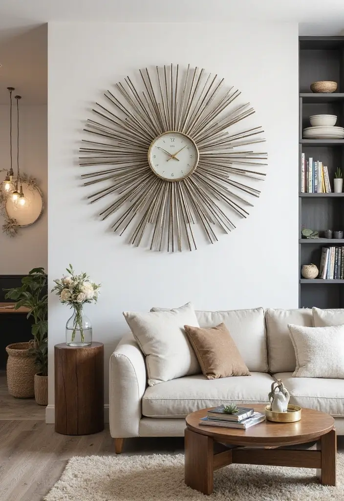 30+ Wall Decor Ideas with Mirror for Chic and Bright Interiors 20 30+ Wall Decor Ideas with Mirror for Chic and Bright Interiors - 20. Mirrored Wall Clock