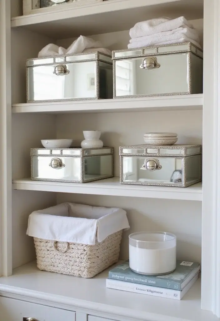 30+ Wall Decor Ideas with Mirror for Chic and Bright Interiors 21 30+ Wall Decor Ideas with Mirror for Chic and Bright Interiors - 21. Mirrored Storage Boxes