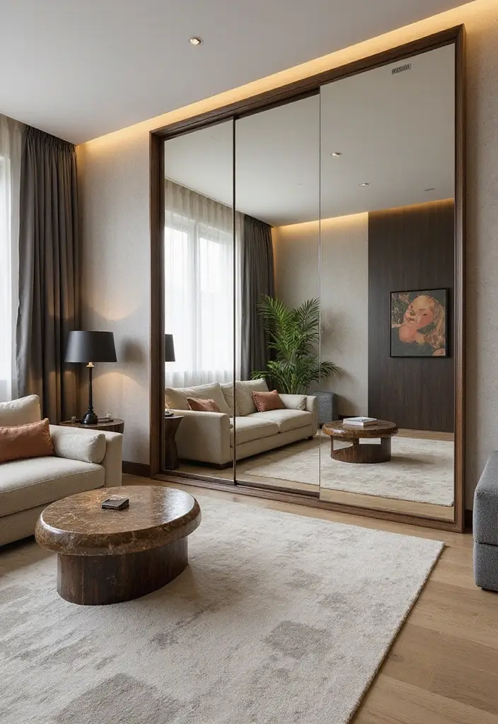 30+ Wall Decor Ideas with Mirror for Chic and Bright Interiors 24 30+ Wall Decor Ideas with Mirror for Chic and Bright Interiors - 24. Mirrored Accent Wall